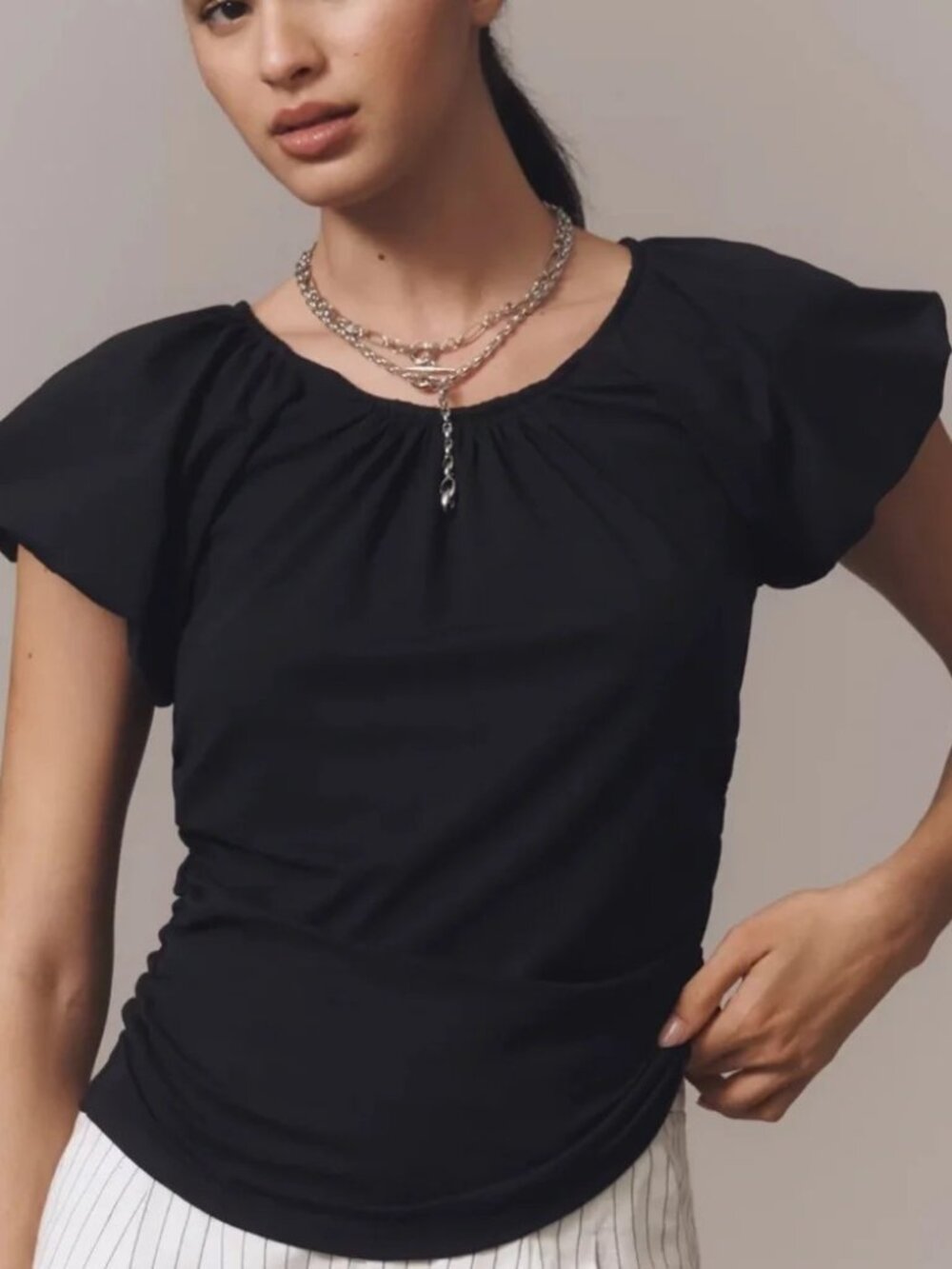 Anthropologie Black Puff Short Sleeve Cinch Side Top